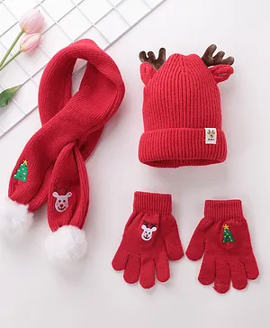 Babyhug Pom Pom Acrylic Woolen Cap Gloves & Muffler Set Christmas Design - Red