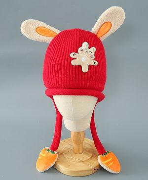 Babyhug Woollen Cap with Kitty Applique - Red