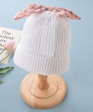 Babyhug Woollen Cap Bow Design Medium Size - White