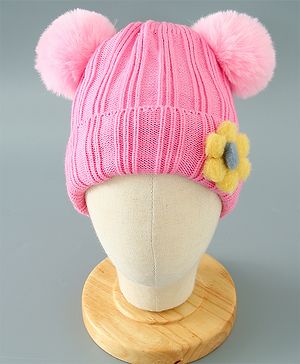 Babyhug Woollen Pom Pom Cap Floral Applique Medium Size - Pink