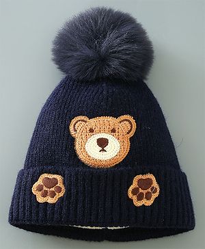 Babyhug Woollen Cap With Teddy Embroidery Blue - Diameter 10.5 cm