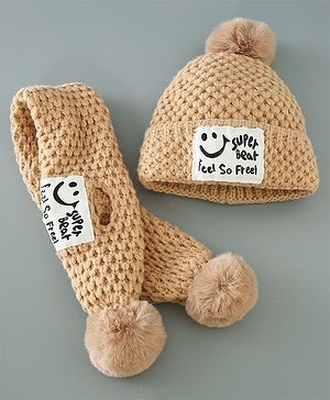 Babyhug Woolen Cap & Muffler Set Brown - Diameter 11.5 cm