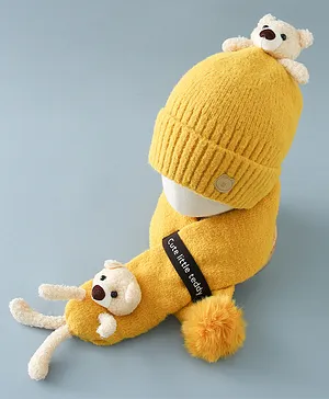 Babyhug Teddy Applique Woollen Cap and Muffler Set Small Size Yellow - Diameter 10.5 cm