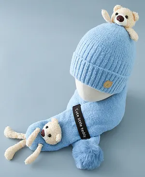 Babyhug Teddy Applique Woollen Cap and Muffler Set Small Size Blue - Diameter 10.5 cm