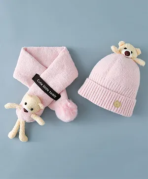 Babyhug Teddy Applique Woollen Cap and Muffler Set Small Size Pink - Diameter 10.5 cm