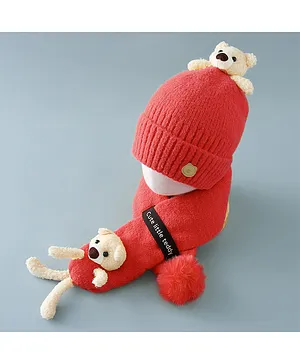 Babyhug Teddy Applique Woollen Cap and Muffler Set - Red