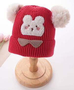 Babyhug Woollen Cap With Bear Face Applique - Red