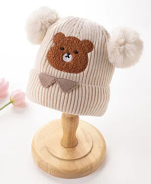 Babyhug Woollen Cap With Bear Face Applique - Beige