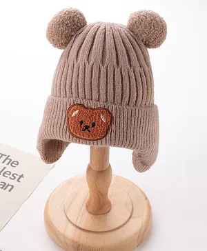Babyhug Pom Pom Acrylic Woolen Cap Bear Patch Design - Brown