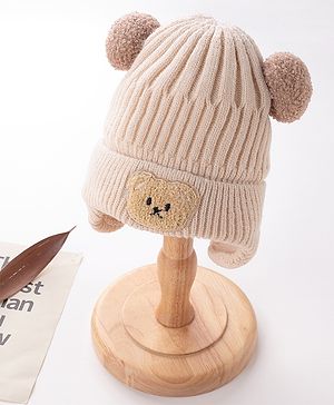 Babyhug Pom Pom Woolen Cap Bear Patch Design - Beige