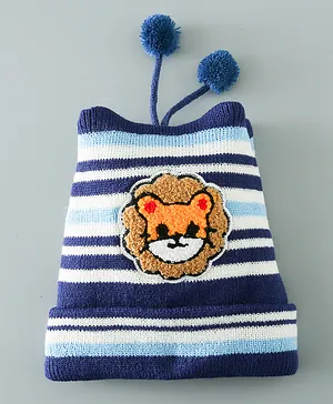 Babyhug Woollen Cap With Stripes & Lion Design - Multicolor