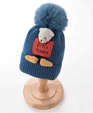 Babyhug Pom Pom Woollen Cap Teddy Applique - Blue
