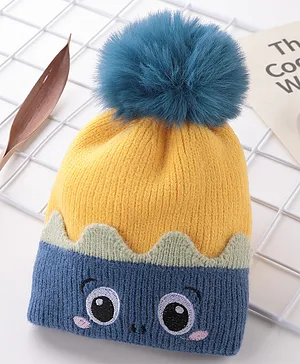 Babyhug Pom Pom Acrylic Woolen Cap Cartoon Design - Blue & Yellow