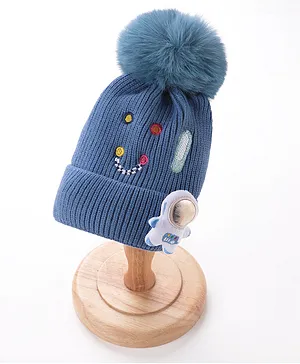 Babyhug Pom Pom Woollen Cap Smiley Embroidery - Blue