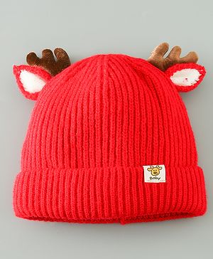 Babyhug Woollen Cap With Reindeer Design - Red