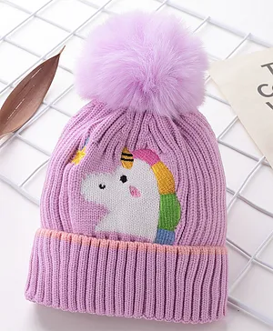 Babyhug Pom Pom Acrylic Woolen Cap Unicorn Design - Purple