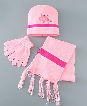 Babyhug Woollen Floral Design Caps & Gloves Set With Muffler - Pink