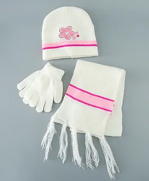 Babyhug Woollen Floral Design Caps & Gloves Set With Muffler - White