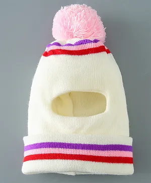 Babyhug Woollen Monkey Cap With Pompom - White