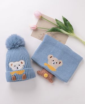 Babyhug Woollen Cap & Head Band Set With Bear Design - Blue
