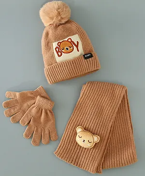 Babyhug Woolen Cap Gloves & Muffler Set - Brown