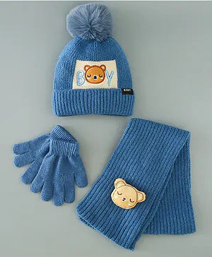 Babyhug Woolen Cap Gloves & Muffler Set - Blue