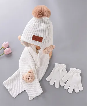 Babyhug Pom Pom Acrylic Woolen Cap Muffler & Gloves Set Teddy Design - White