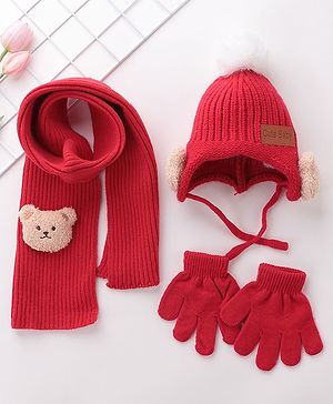 Babyhug Pom Pom Woolen Cap Muffler & Gloves Set Teddy Design - Red