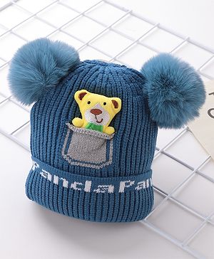 Babyhug Woollen Pom Pom Cap Bear Applique Small Size - Blue
