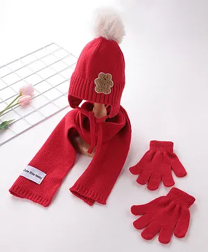 Babyhug Pom Pom Acrylic Woolen Cap Muffler & Gloves Set Teddy Design - Red