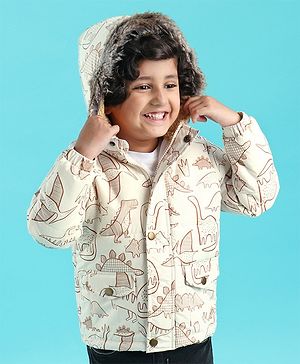 Babyhug Woven Full Sleeves Hoodie Dino Print - Beige