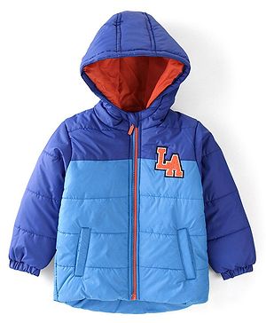 Babyhug Full Sleeves Hooded & Padded Jacket Text Embroidery- Blue