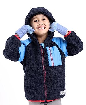 Babyhug Woven Full Sleeves Jacket with Hood Solid Colour - Navy Blue