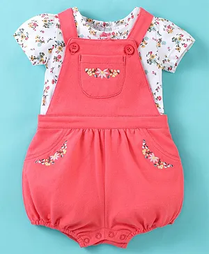 Simply Premium Cotton Mid Thigh Dungarees & Half Sleeves Tee Set Floral Print - Coral