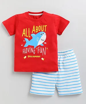 TOONYPORT Summer Theme Half Sleeves Shark Printed Tee With Striped Shorts - Red