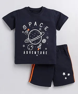 TOONYPORT Half Sleeves Space Elements Printed Tee With Shorts - Navy Blue