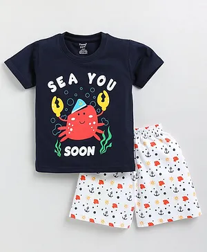 TOONYPORT Sea Them Half Sleeves Baby Crab & Sea Anchor With Sea Shells Printed Shorts Set - Navy Blue