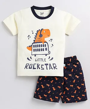 TOONYPORT Half Sleeves Little Rockstar Baby Dinosaur Printed Tee With Coordinating Shorts - Cream