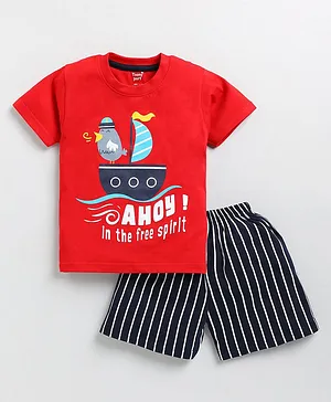 TOONYPORT Half Sleeves Sailor Bird Printed  Tee & Pencil Striped Shorts Set - Red