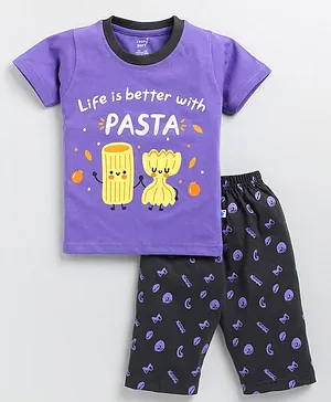 TOONYPORT Half Sleeves Life Is Better With Pasta Printed Tee & Capri Shorts Set - Purple