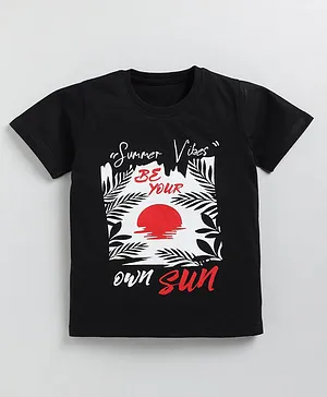 TOONYPORT Summer Theme Half Sleeves Be Your Sun & Forest Leaves Printed Tee - Black