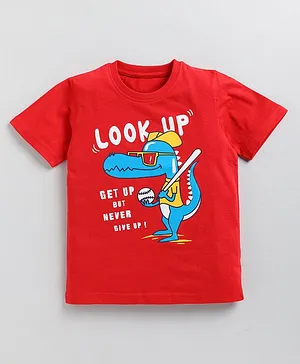 TOONYPORT Half Sleeves Look Up Text & Dinosaur With Sunglasses Printed Tee - Red