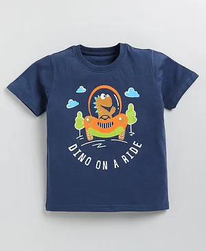 TOONYPORT Half Sleeves Dino On A Car Ride Printed Tee - Blue