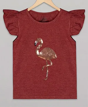 The Sandbox Clothing Co Short Flutter Sleeves Flamingo Sequins Embellished Top - Maroon