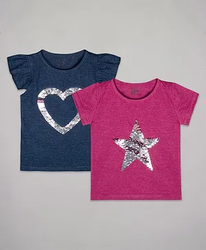 The Sandbox Clothing Co Pack Of 2 Half Sleeves Heart & Star Sequins Embellished Tops - Pink & Blue