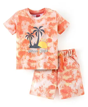 Babyoye 100% Cotton Knit Half Sleeves Beach Print T-Shirt & Shorts Set - Peach
