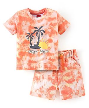 Babyhug 100% Cotton Knit Half Sleeves Beach Print T-Shirt & Shorts Set - Peach