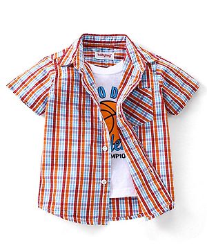 Babyhug 100% Cotton Half Sleeves Checkered Shirt With Ball Print Inner T-Shirt - Red & White