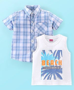 Babyhug 100% Cotton Woven Half Sleeves Checked Shirt with Text Print T-Shirt - Blue