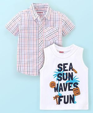 Babyhug 100% Cotton Half Sleeves Checked Shirt with Text Print T-Shirt - White